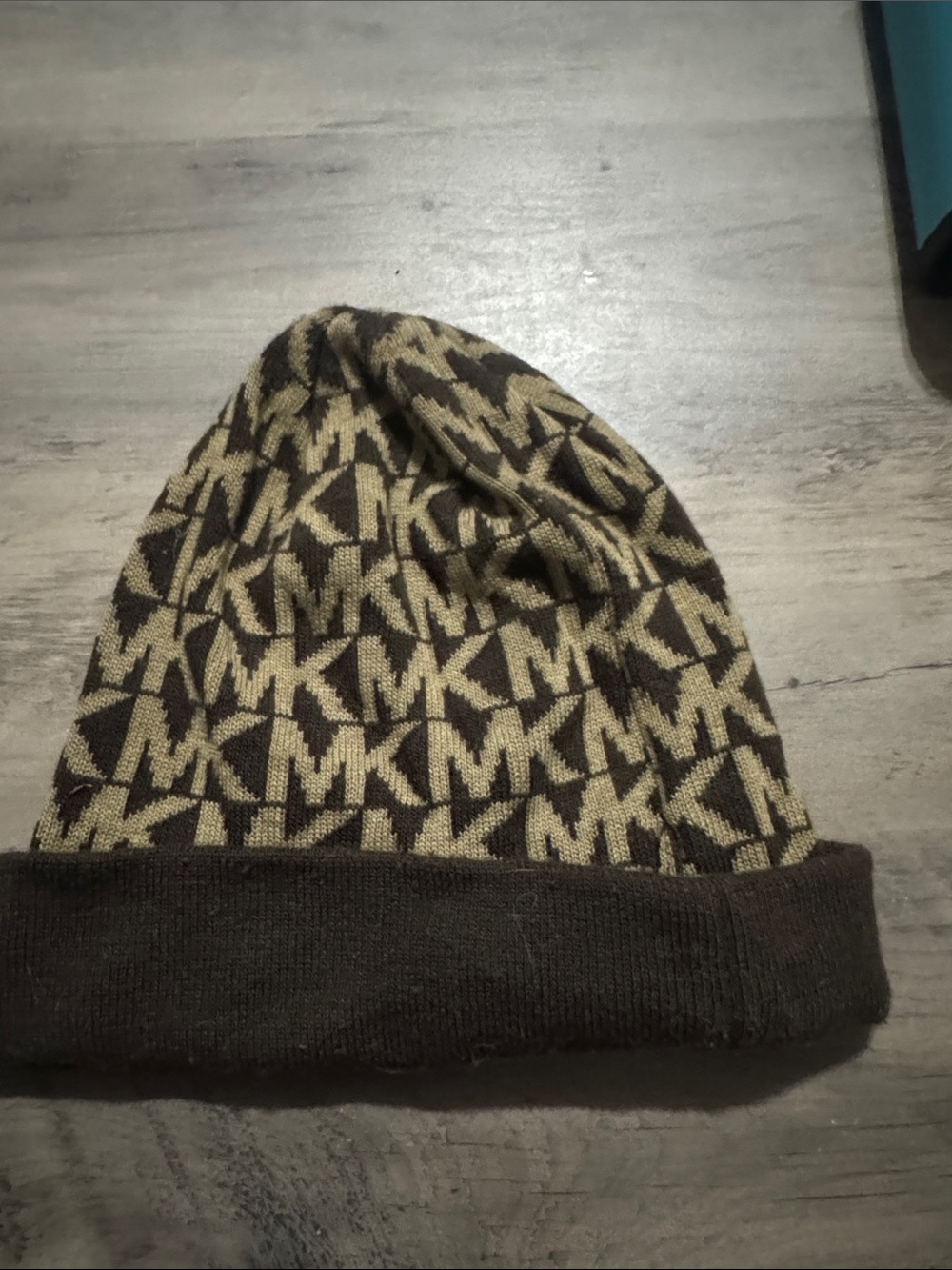 Michael Kors MK Monogram Knit Beanie in Brown and Cream